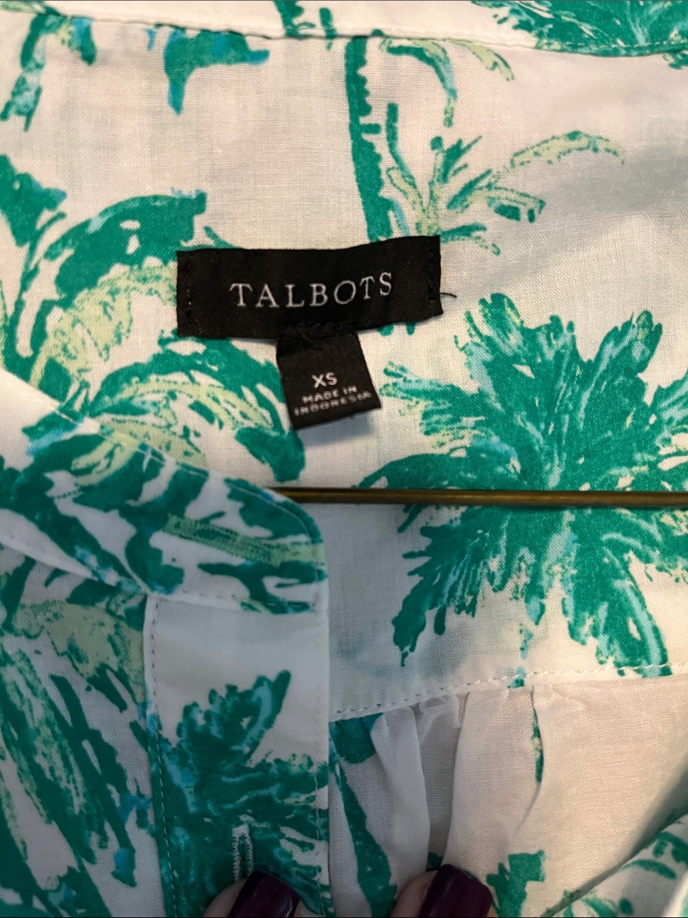 Talbots White Blouse with Green Palm-Print Button Front - Picture 4 of 5